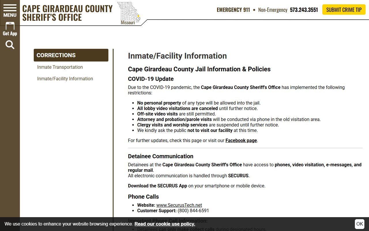 Cape Girardeau County Sheriff's Office Detention Center mail phone video and money information