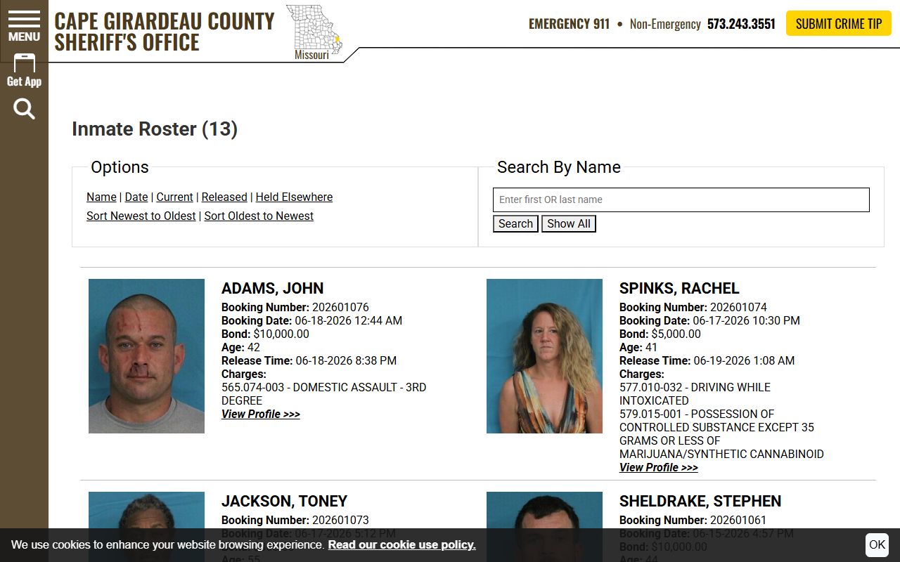 Cape Girardeau County released inmate roster with booking photo access context