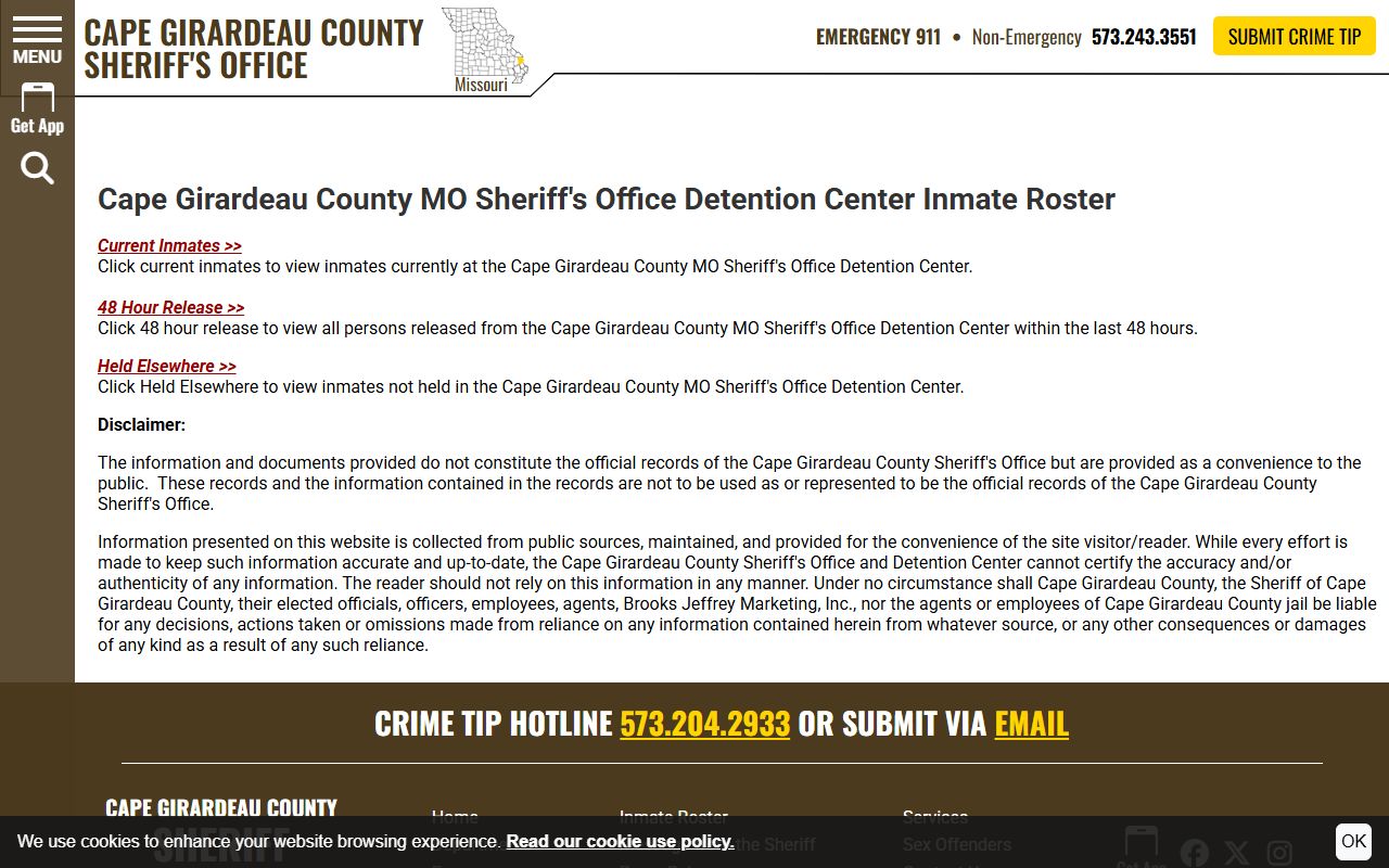 Cape Girardeau County inmate records roster disclaimer and category links